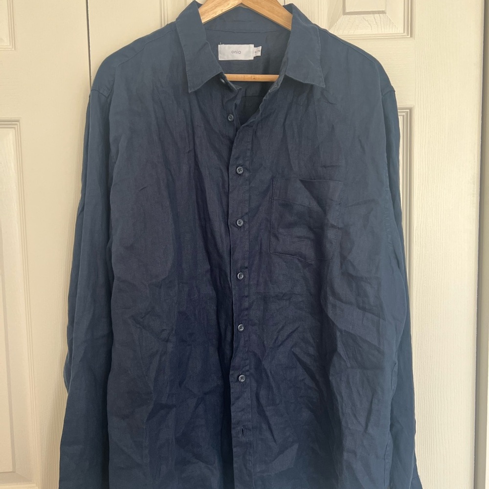 Onia Dark Blue Collared Shirt size large 100% linen